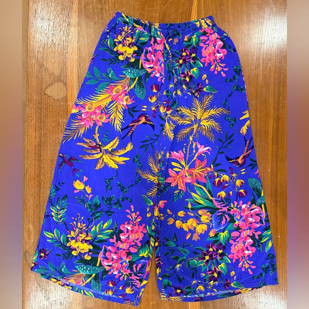 Cynthia Rowley Blue Floral Pants wide leg ankle length wide log flowy floral